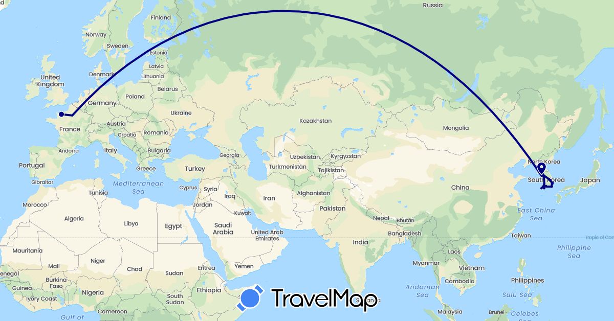 TravelMap itinerary: driving in France, South Korea (Asia, Europe)